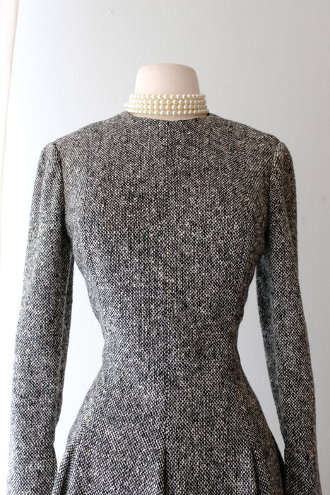Sublime 1960's Teal Traina Black & White Speckled Wool Dress & Wrap / Sz M/L