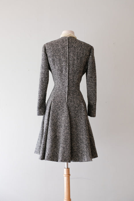Sublime 1960's Teal Traina Black & White Speckled Wool Dress & Wrap / Sz M/L
