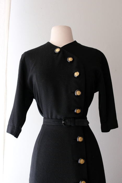 Charming 1940's Wool Crepe Little Black Dress / Sz M