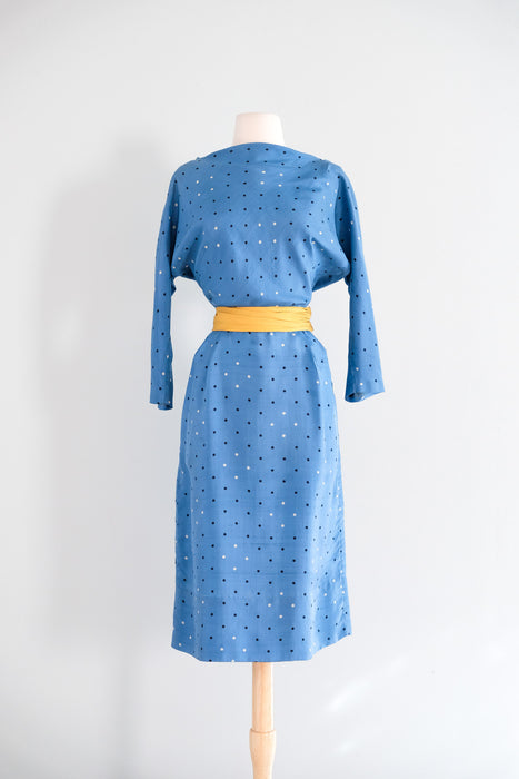 Beautiful 1950's Sky Blue Silk Polka Dot Dress by Kasper / S