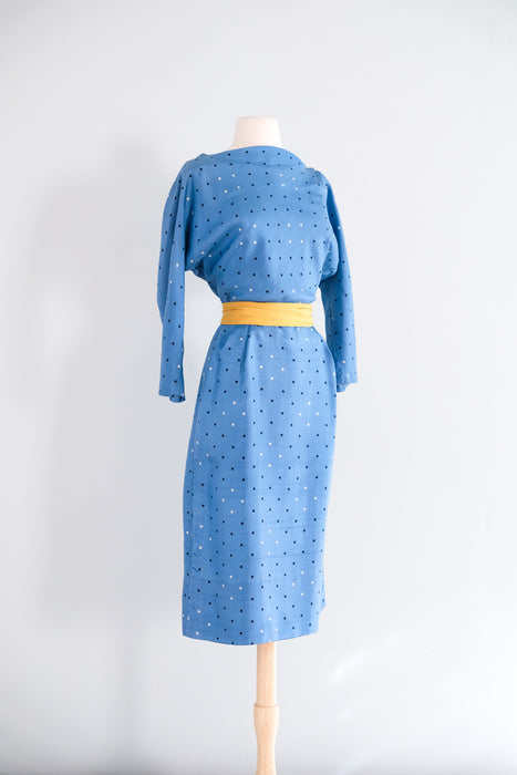 Beautiful 1950's Sky Blue Silk Polka Dot Dress by Kasper / S