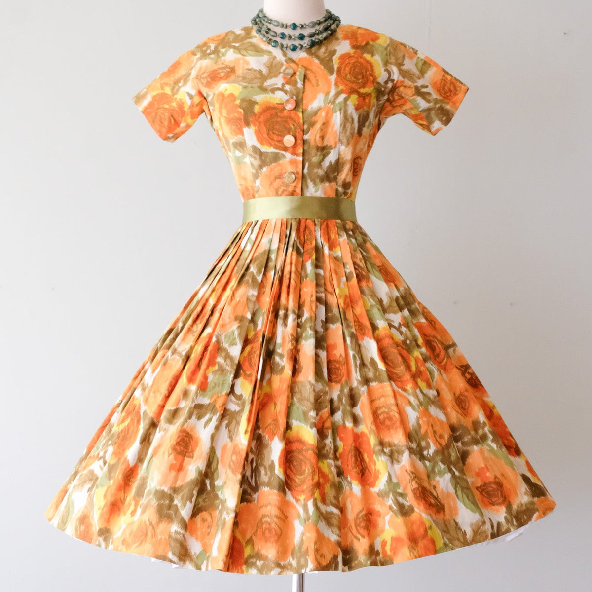 orange 50s dress 1950s Orange Poppy Floral Novelty Print Serbin of Miami 3D Flower Applique  Cotton Pinup Sun Dress  Canned Ham Vintage