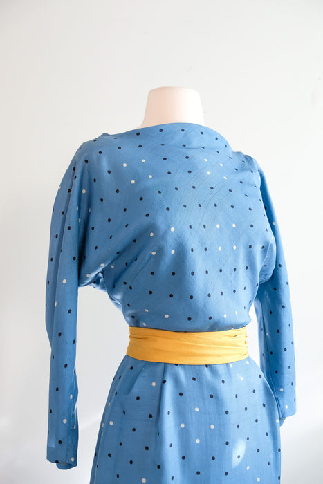 Beautiful 1950's Sky Blue Silk Polka Dot Dress by Kasper / S