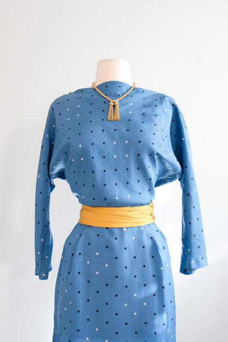 Beautiful 1950's Sky Blue Silk Polka Dot Dress by Kasper / S