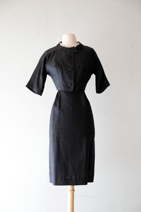 Sleek Early 1960's Black Silk Wiggle Dress & Matching Jacket / Sz M