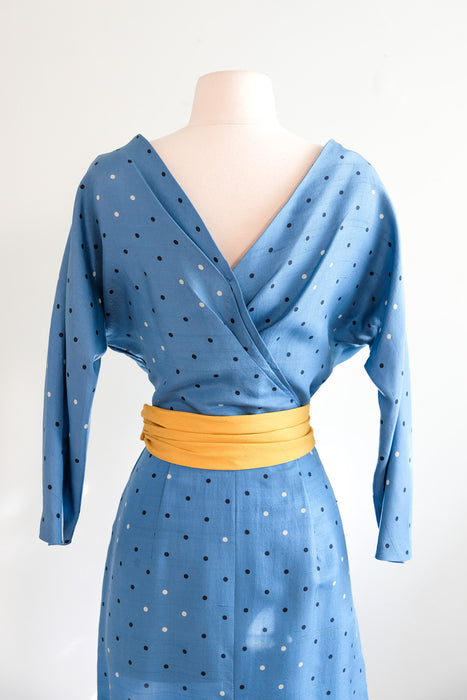 Beautiful 1950's Sky Blue Silk Polka Dot Dress by Kasper / S