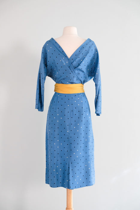 Beautiful 1950's Sky Blue Silk Polka Dot Dress by Kasper / S