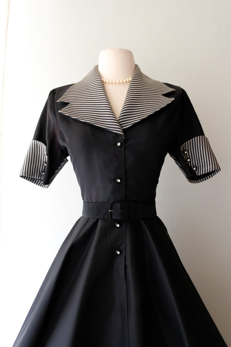 Lovely 1950's Black Taffeta Shirt Dress / Sz M