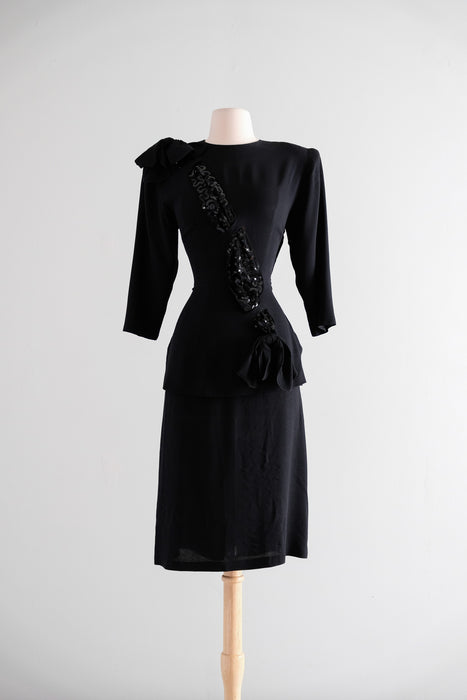 Fabulous 1940's Black Sequin Crepe Rayon Cocktail Dress / S