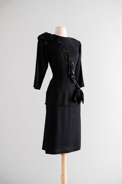 Fabulous 1940's Black Sequin Crepe Rayon Cocktail Dress / S