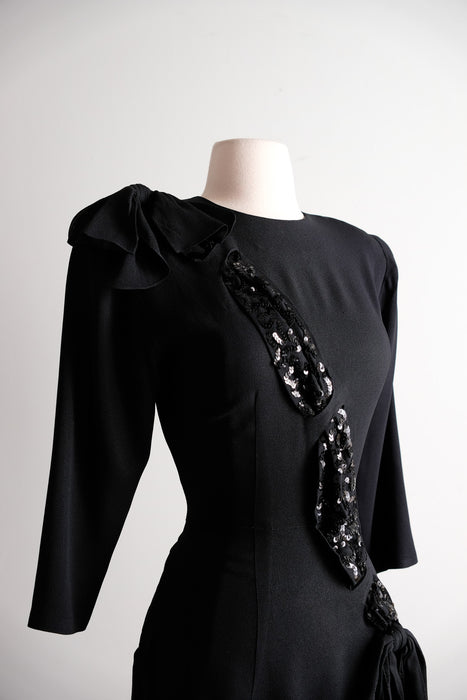 Fabulous 1940's Black Sequin Crepe Rayon Cocktail Dress / S