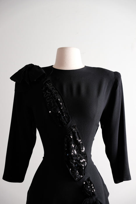 Fabulous 1940's Black Sequin Crepe Rayon Cocktail Dress / S