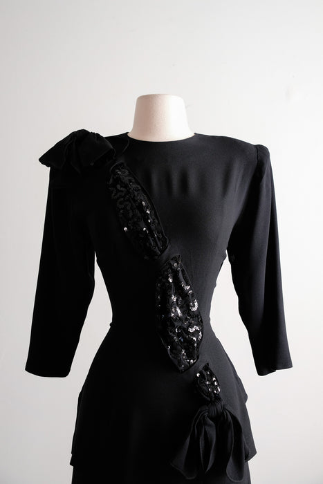 Fabulous 1940's Black Sequin Crepe Rayon Cocktail Dress / S