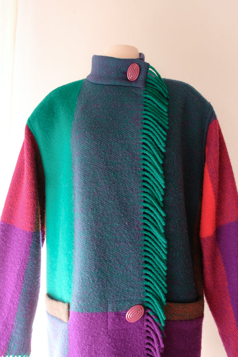 Bold 1980's Jewel-tone Bold Plaid Wool Fringe Cocoon Coat / Sz L