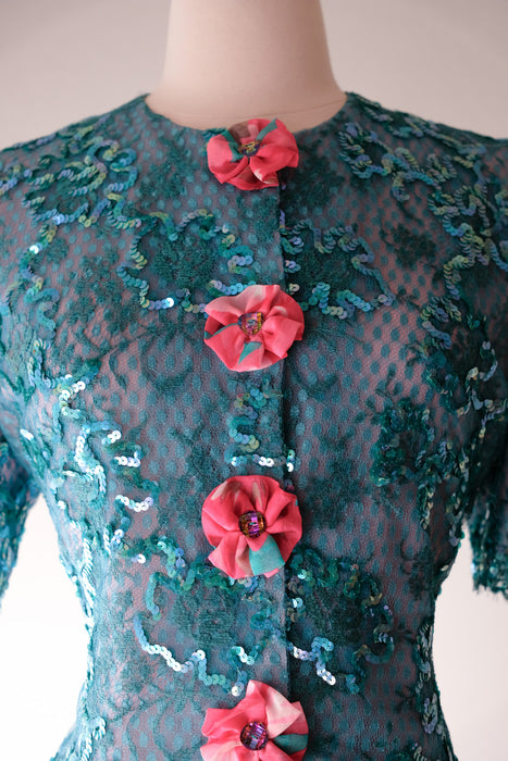 Dazzling 1980's Teal & Fuchsia Lace Sequin Top / Sz L