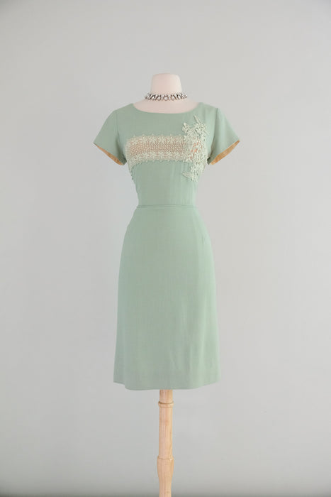Vintage 1960's Sea Foam Green Linen Sheath Dress with Cotton Lace Appl Xtabay Vintage Vintage 1960's Sea Foam Green Linen Sheath Dress with Cotton Lace Appl Xtabay Vintage