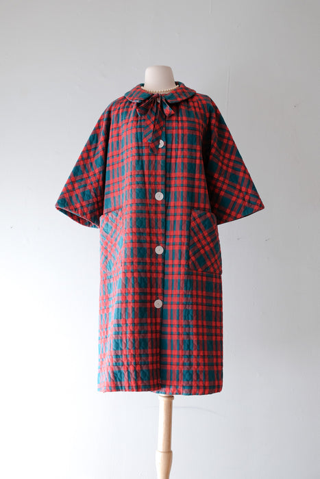 Sweetest 1950's Red and Green Plaid Quilted Holiday Duster Coat / Sz M