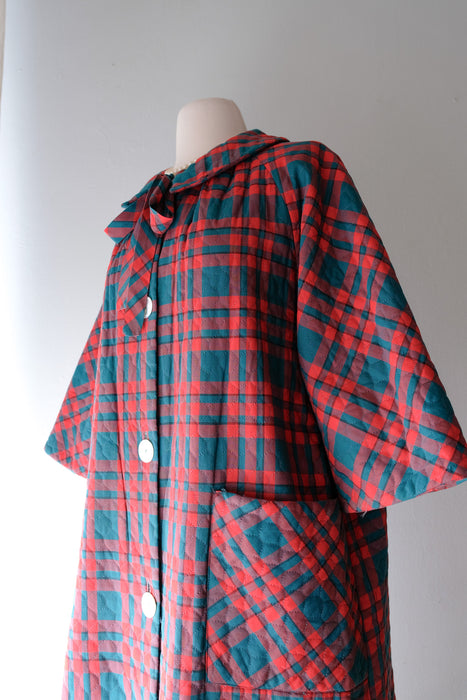 Sweetest 1950's Red and Green Plaid Quilted Holiday Duster Coat / Sz M