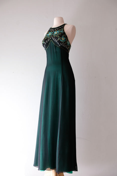 Glorious 1980's Emerald & Black Beaded Poinsettia Gown / Sz M