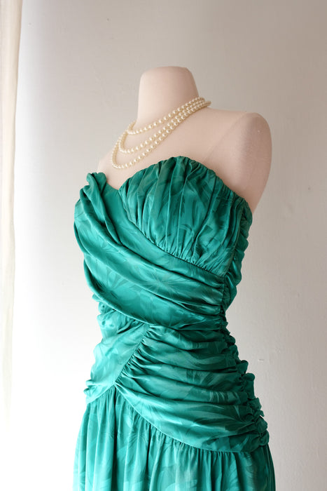 Elegant 1980's Draped Silk Strapless Teal Green Cocktail Dress/ Sz M
