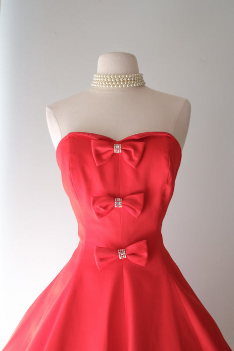 Stunning 1980's Bowties & Rhinestones Nili Marton Cherry Red Party Dress / Sz M
