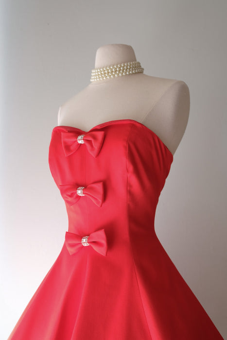 Stunning 1980's Bowties & Rhinestones Nili Marton Cherry Red Party Dress / Sz M