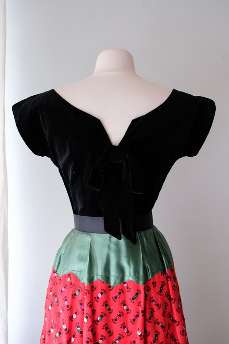 Luxe 1950's Black Velvet Bow Blouse / Sz S
