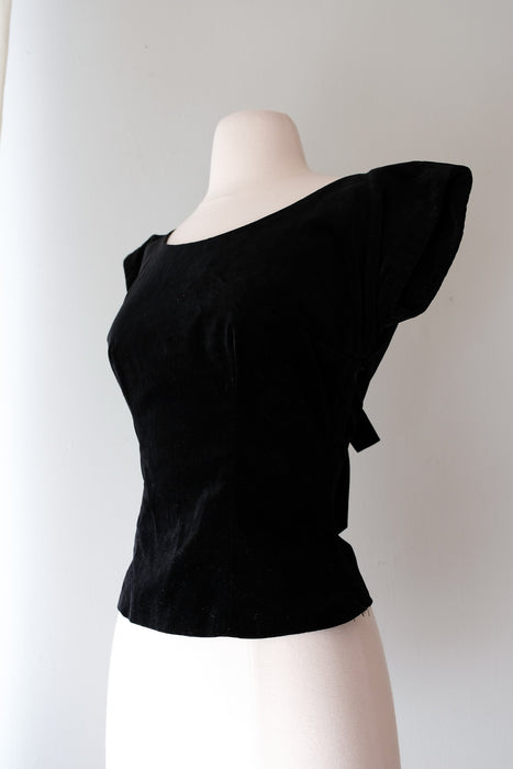 Luxe 1950's Black Velvet Bow Blouse / Sz S