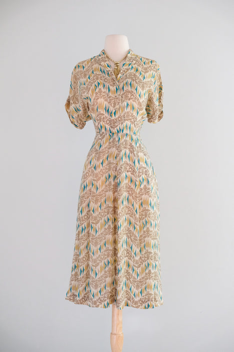 Vintage 1940's Teal & Honey Bemberg Rayon Day Dress by Pam Paterson / M
