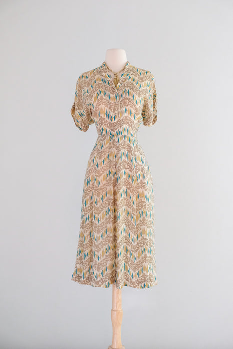 Vintage 1940's Teal & Honey Bemberg Rayon Day Dress by Pam Paterson / M