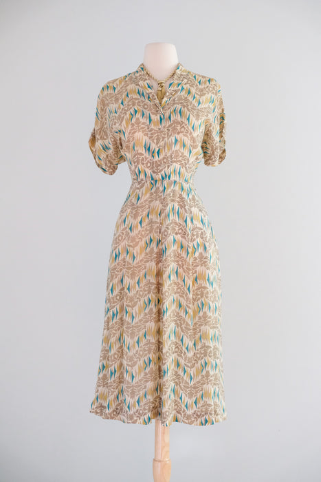 Vintage 1940's Teal & Honey Bemberg Rayon Day Dress by Pam Paterson / M