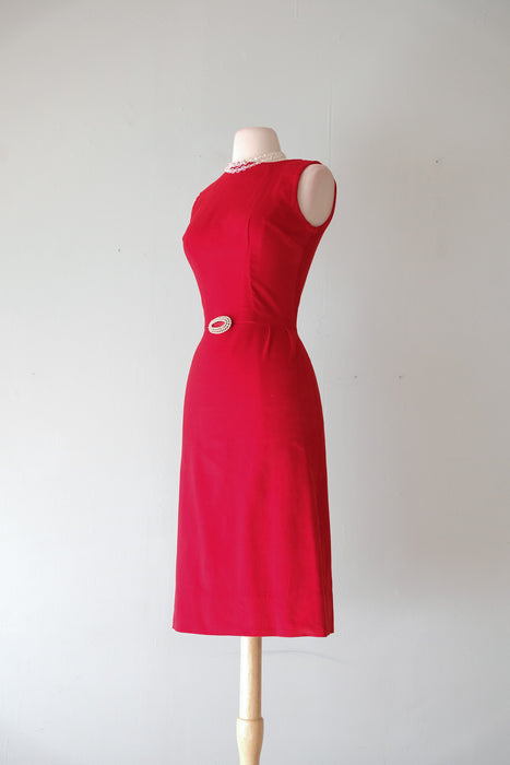 Delightful 1960's Scarlet Red Velvet Holiday Wiggle Dress / Sz S