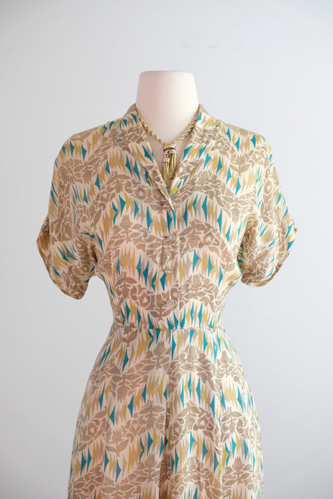 Vintage 1940's Teal & Honey Bemberg Rayon Day Dress by Pam Paterson / M