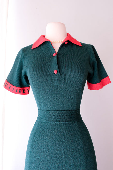 Chic 1970’s Green & Red Knit Dress by Adolfo / Sz M