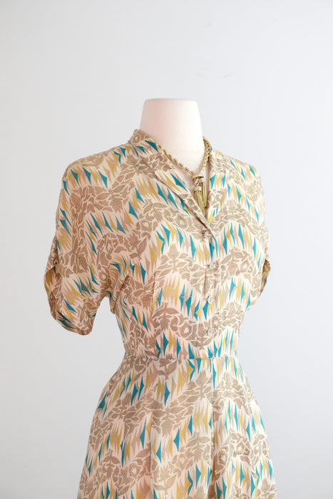 Vintage 1940's Teal & Honey Bemberg Rayon Day Dress by Pam Paterson / M