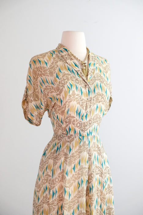 Vintage 1940's Teal & Honey Bemberg Rayon Day Dress by Pam Paterson / M
