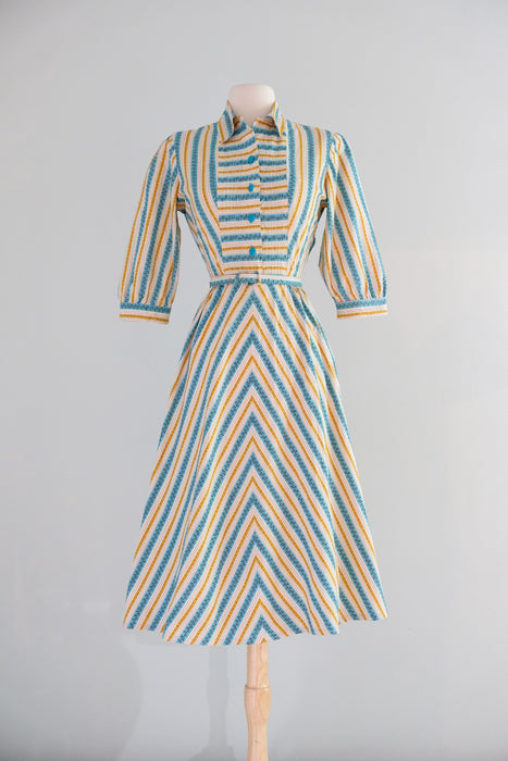 Vintage 1950’s Turquoise & Honey Striped Cotton Shirt Dress / M