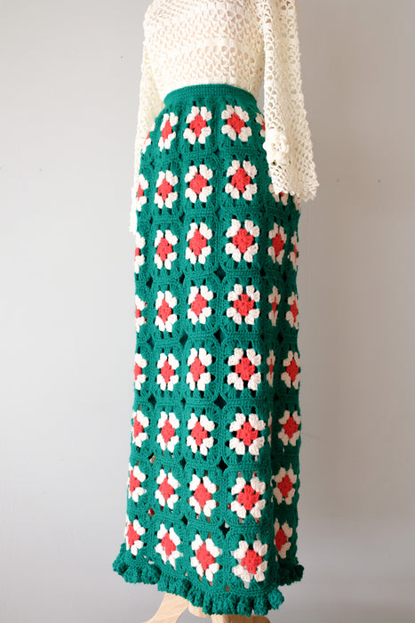 Cutest 1970's Granny Square Crochet Knit Full Length Skirt / Sz  M