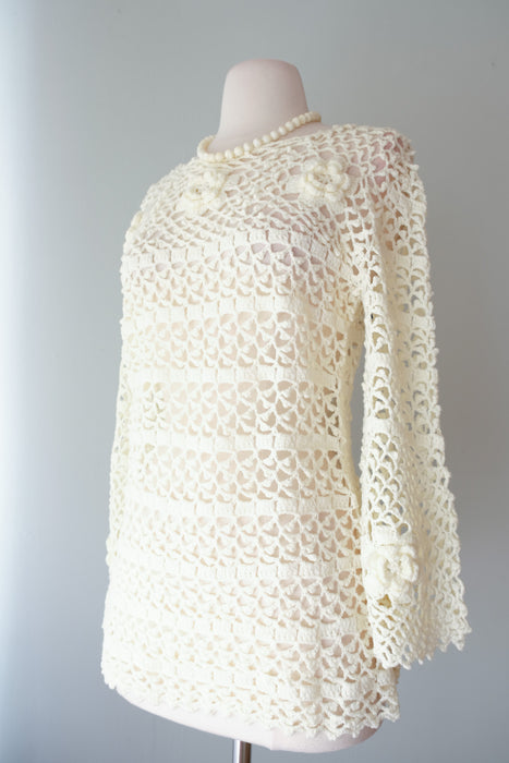 Amazing DEADSTOCK 1970's Flower Child Ivory Crochet Knit Top/ Sz M