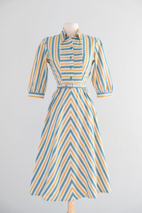 Vintage 1950’s Turquoise & Honey Striped Cotton Shirt Dress / M