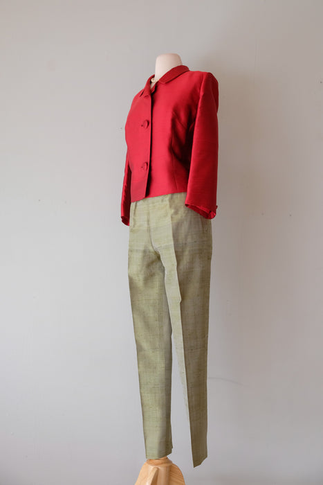 Posh 1960's Red Silk Cropped Holiday Jacket / Sz L