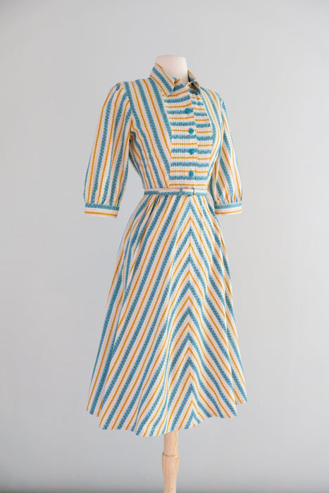 Vintage 1950’s Turquoise & Honey Striped Cotton Shirt Dress / M