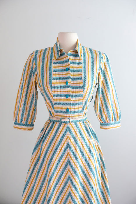 Vintage 1950’s Turquoise & Honey Striped Cotton Shirt Dress / M