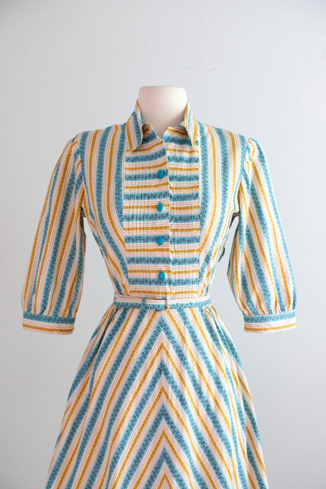 Vintage 1950’s Turquoise & Honey Striped Cotton Shirt Dress / M