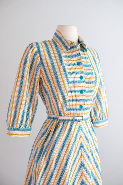 Vintage 1950’s Turquoise & Honey Striped Cotton Shirt Dress / M