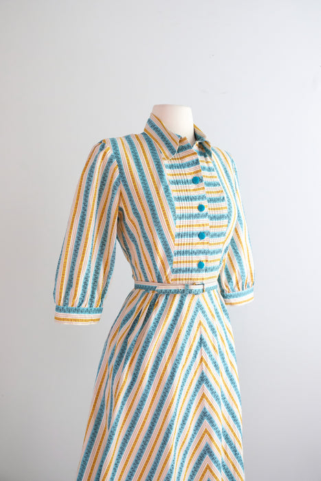 Vintage 1950’s Turquoise & Honey Striped Cotton Shirt Dress / M