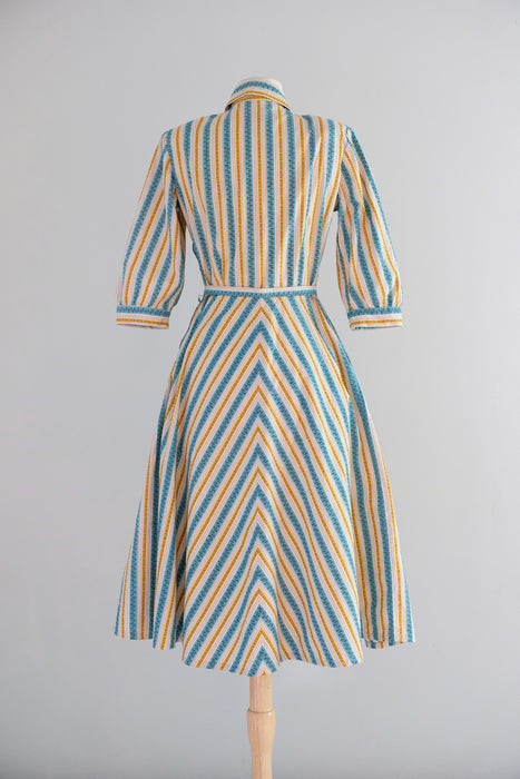 Vintage 1950’s Turquoise & Honey Striped Cotton Shirt Dress / M
