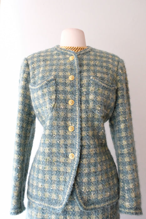 Chic 1990's Sage & Teal Chanel Inspired Tweed Suit Set / Sz M