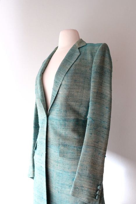 Fab 1970's Emerald & Gold Slub Silk Fitted Coat / Sz  Med