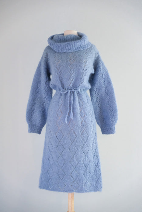 Cutest 1970's Hand-Knit Pale Blue Mohair Sweater Dress / M